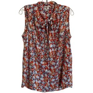 Pleione Retro Floral‎ Tie‑Neck Sleeveless Blouse tank Orange Blue - M EUC